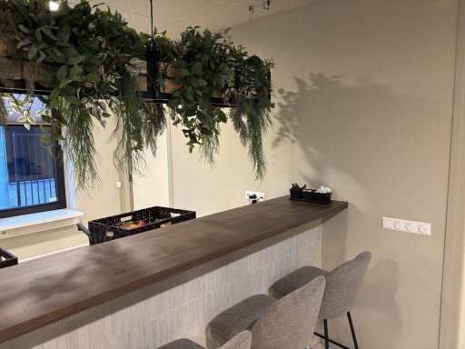 Schilder & behangwerk Abin accountants Minimalistische bar met plantenplanken en moderne stoelen. Licht en neutrale kleuren.